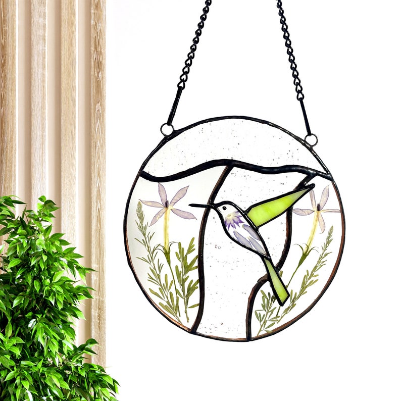 Real Pressed Dried Flowers and Hummingbird Stained Glass Suncatchers
