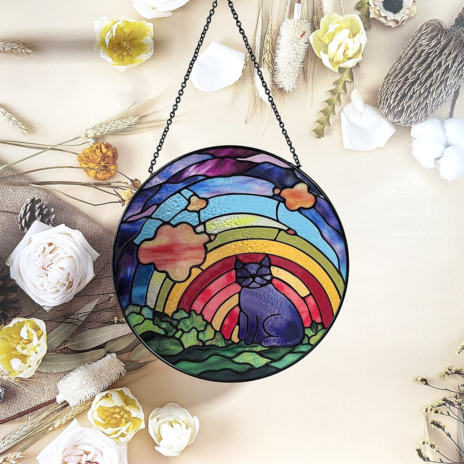 Rainbow Blue Cat Stained Glass Suncatcher - Artful Window Decor