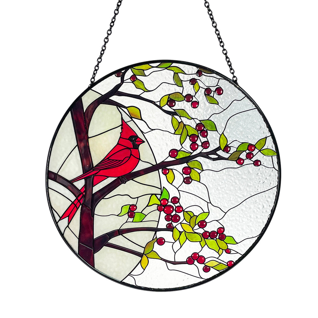 Cardinal in Full Moon Stained Glass Suncatcher, Red Berry Tree, Nature, Indoor Decor, Window Hanging, Wall Art, Gifts for Women, Sun Catcher