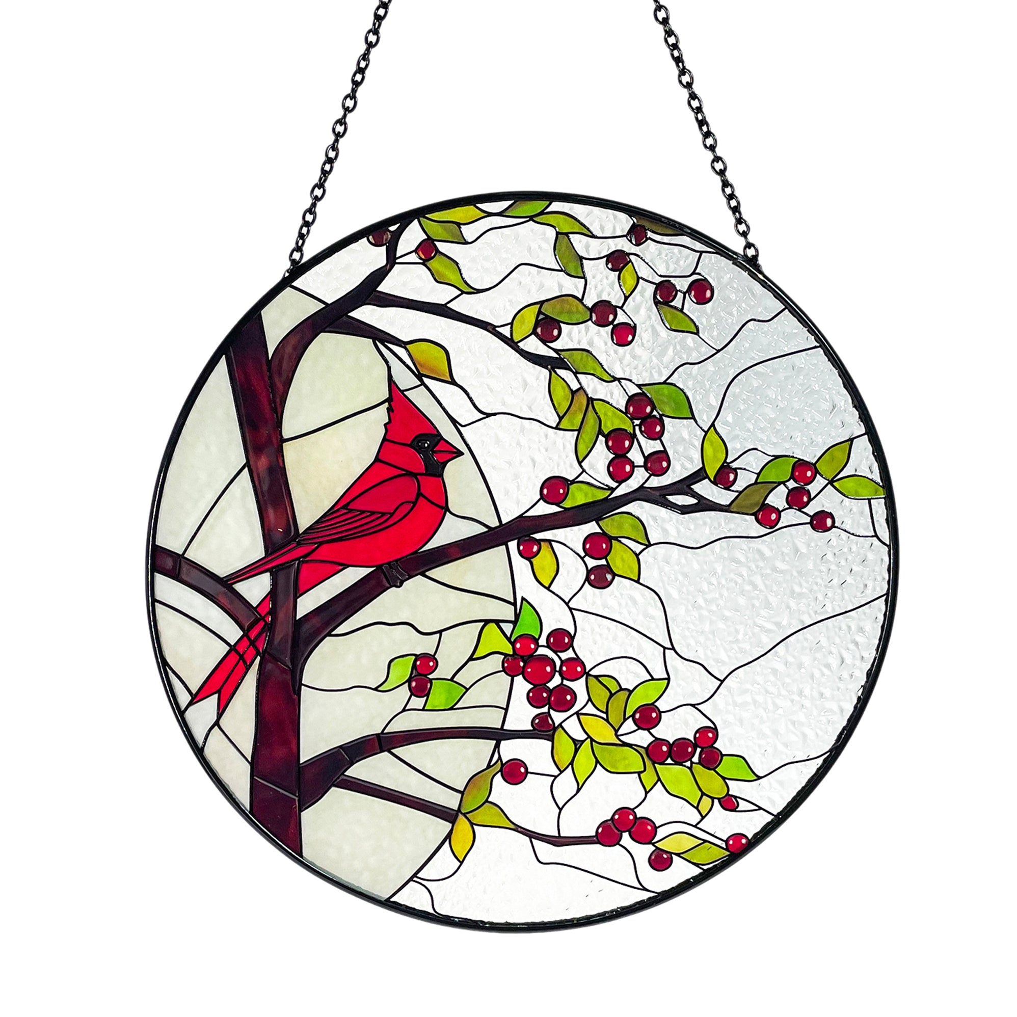 Cardinal in Full Moon Stained Glass Suncatcher, Red Berry Tree, Nature, Indoor Decor, Window Hanging, Wall Art, Gifts for Women, Sun Catcher