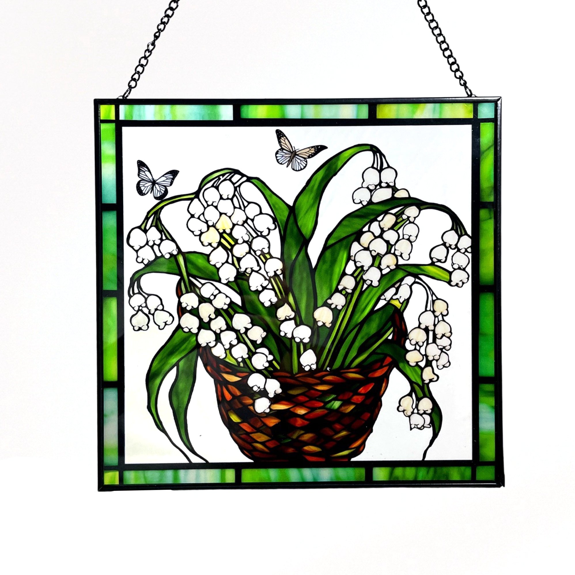 Lily of the Valley and Butterflies Stained Glass Panel Suncatcher Square Window Hanging