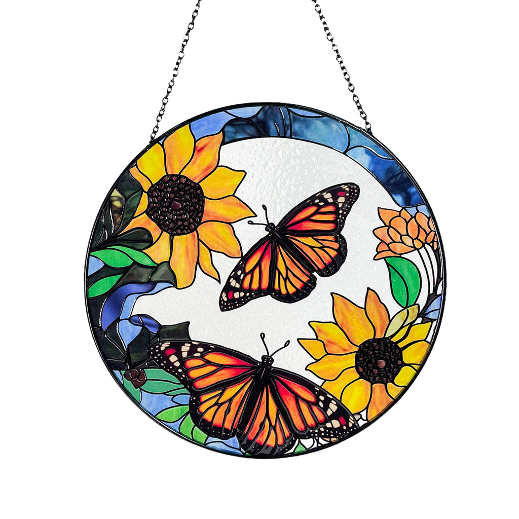 Monarch Butterflies and Sunflowers Stained Glass Suncatcher, Beautiful Sun Catcher, Gifts for Women, Window Hanging, Indoor Decor, Butterfly