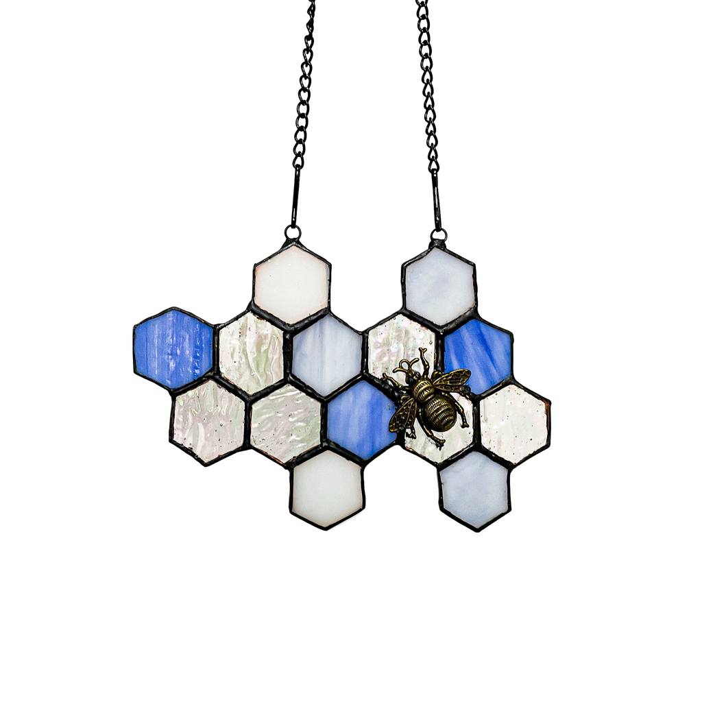 Blue Honeycomb Beehive Stained Glass SunCatcher - Gift for Bee Lovers