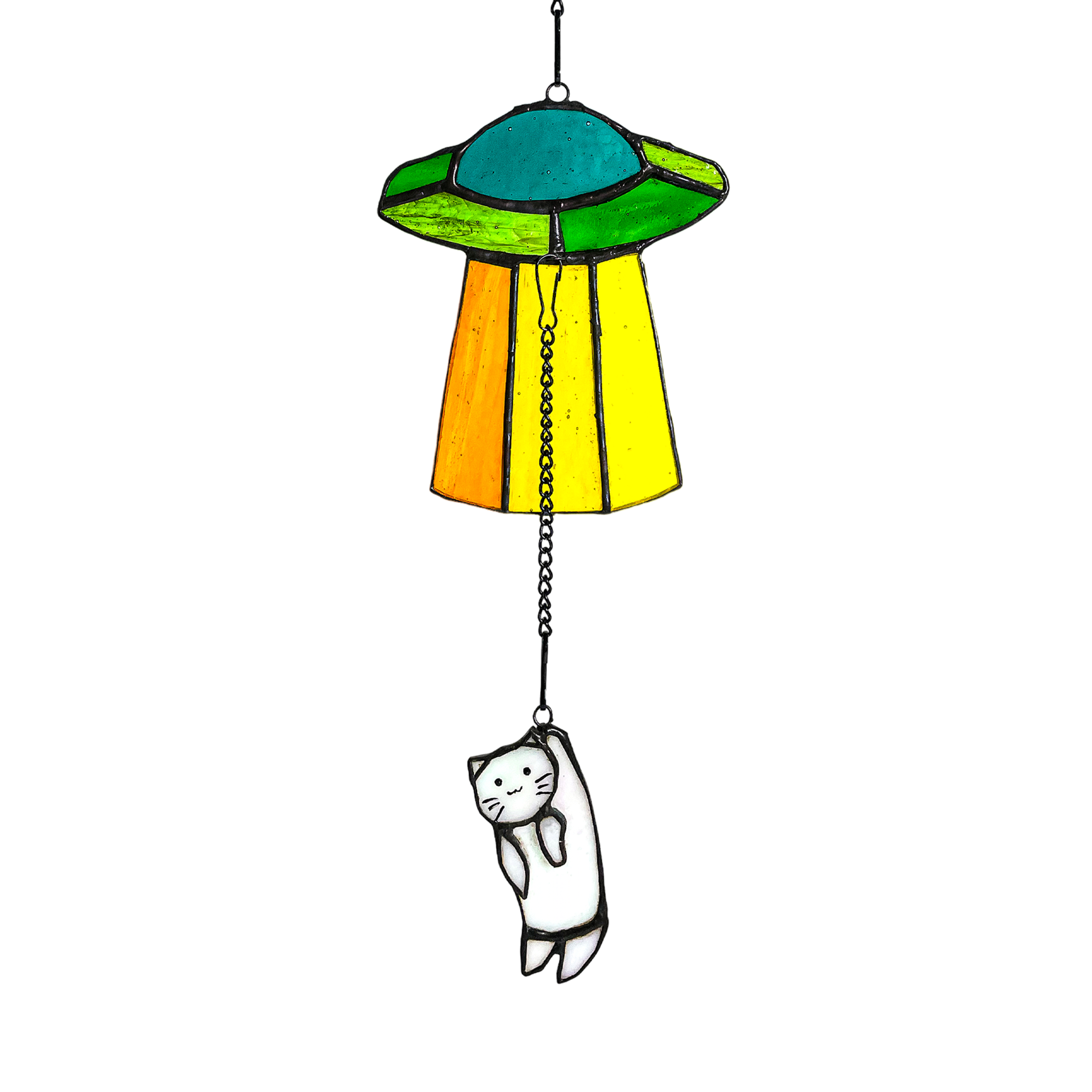 Cat Sun catcher Suncatchers 11.42inches Space Travelling with UFO Orange Cat Stained Glass Window Hanging Alien Decor Gift Memorial Wall Decor For Room