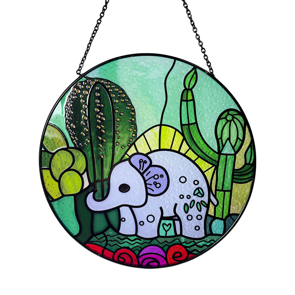 Elephant and Cactus Stained Glass Suncatcher/Window Hanging