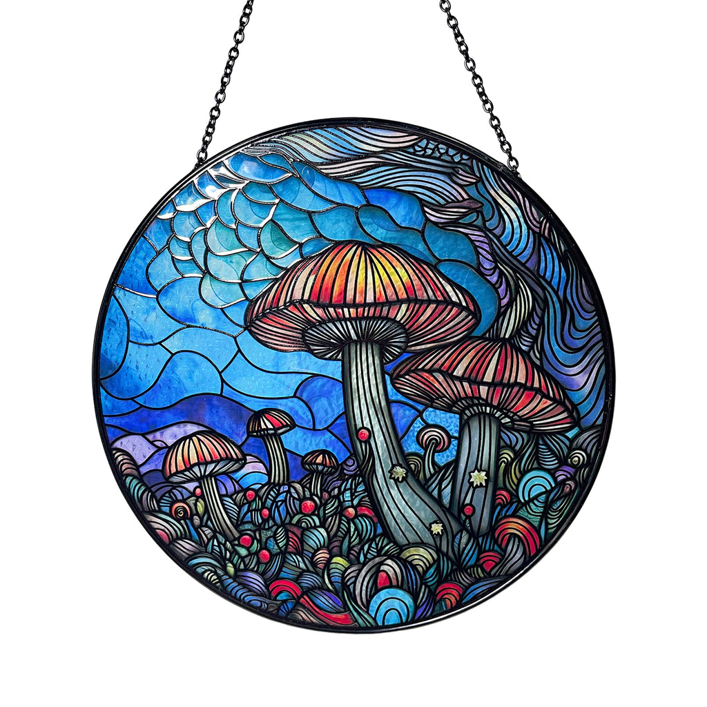 Mushrooms and Vaporwave Glass Suncatcher/Window Hanging