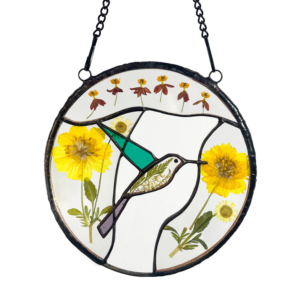 Real Pressed Dried Sunflowers and Hummingbird Stained Glass Suncatchers