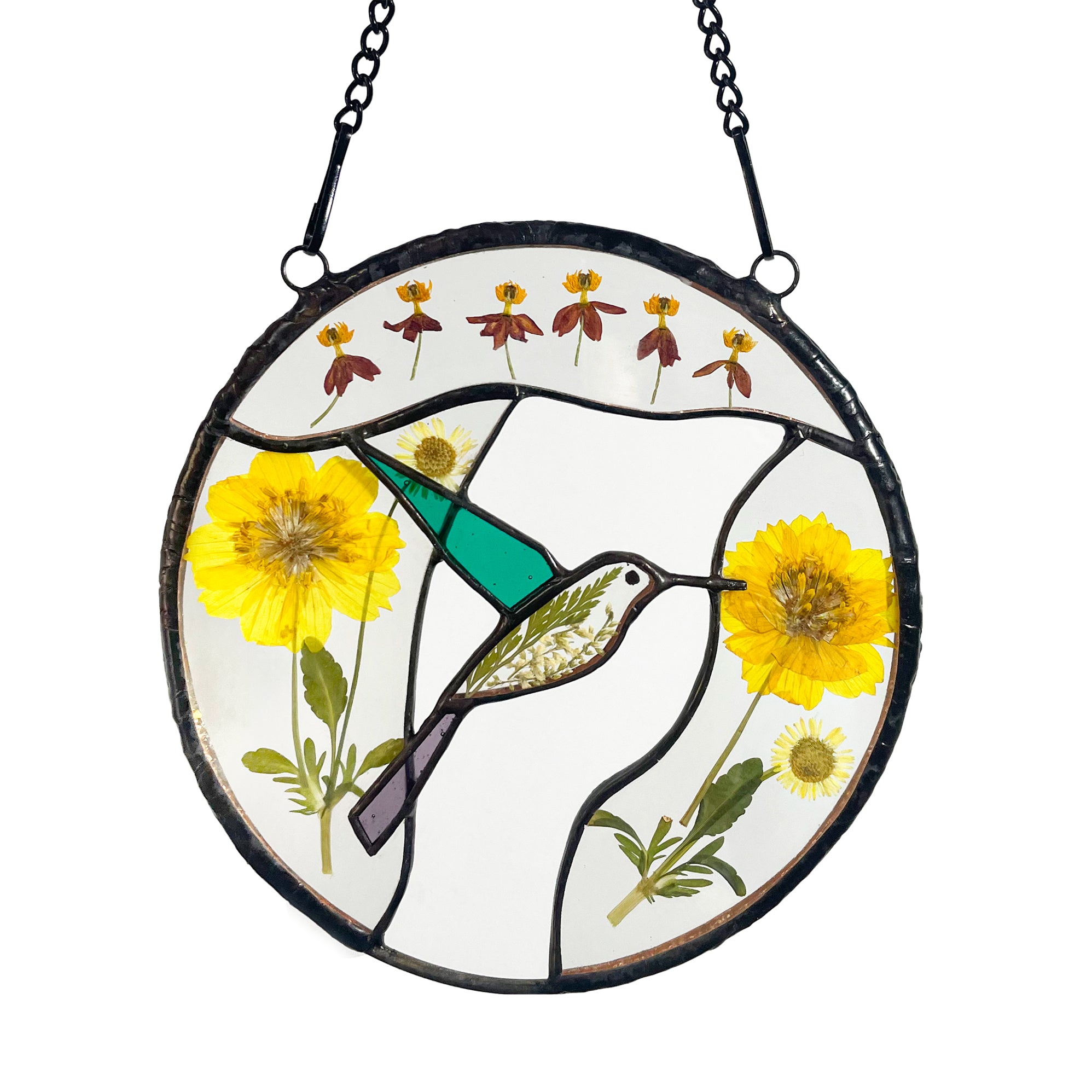Real Pressed Dried Sunflowers and Hummingbird Stained Glass Suncatchers