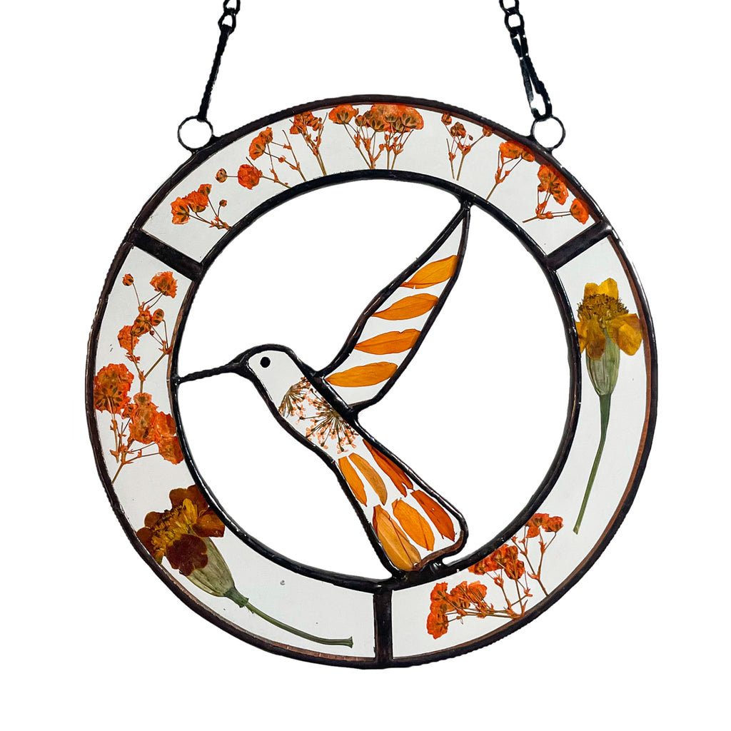 Real Orange Pressed Dried Flowers and Hummingbird Stained Glass Suncatchers