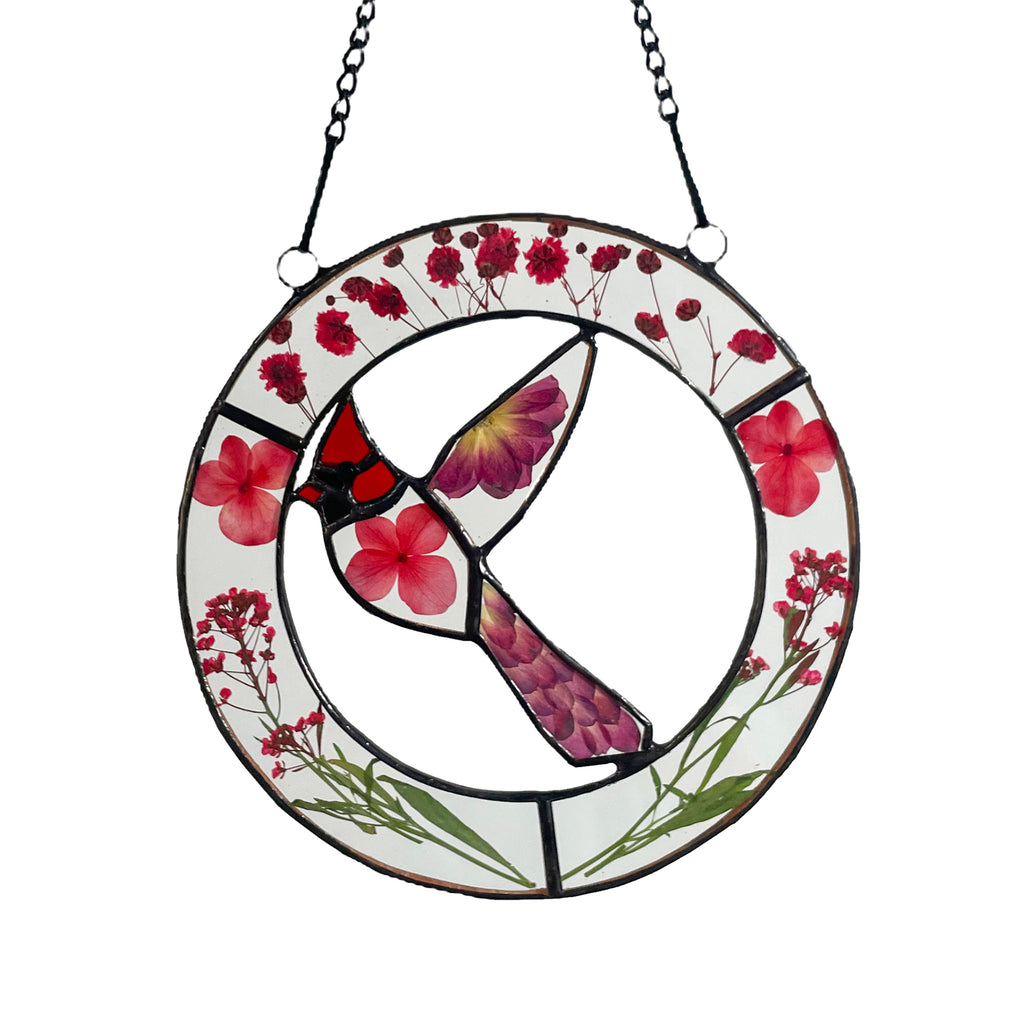 Real Red Pressed Dried Flowers and Cardinal Stained Glass Suncatchers