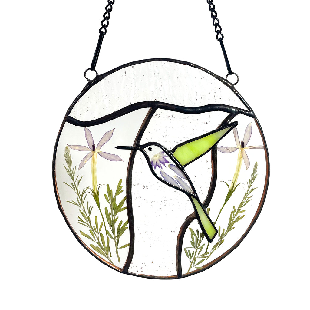 Real Pressed Dried Flowers and Hummingbird Stained Glass Suncatchers
