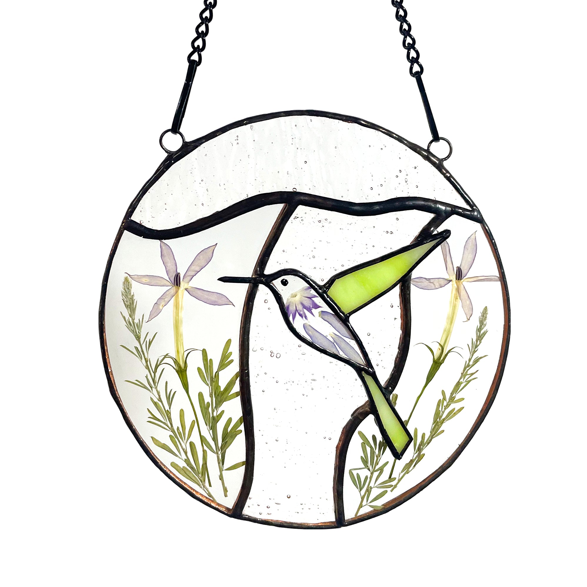 Real Pressed Dried Flowers and Hummingbird Stained Glass Suncatchers