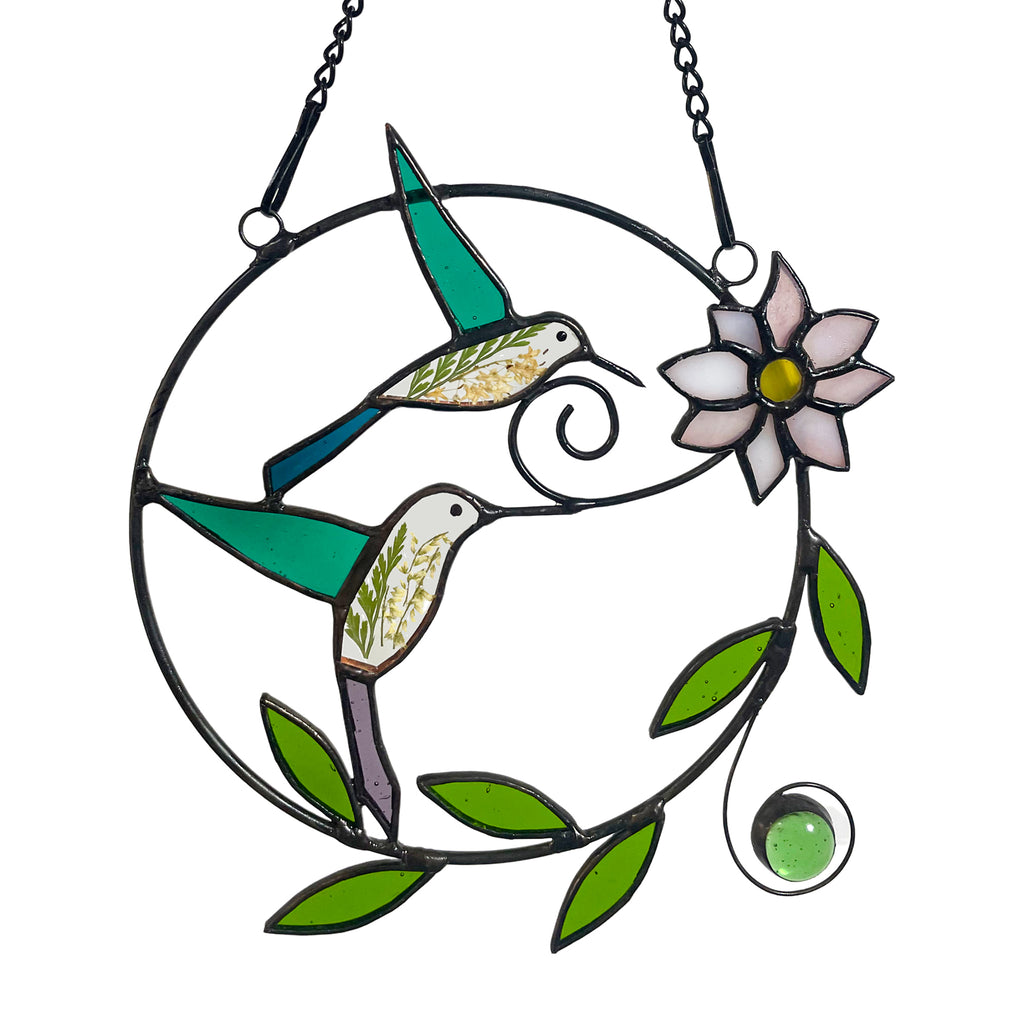 Real Pressed Green Dried Flowers and Hummingbird Stained Glass Suncatchers