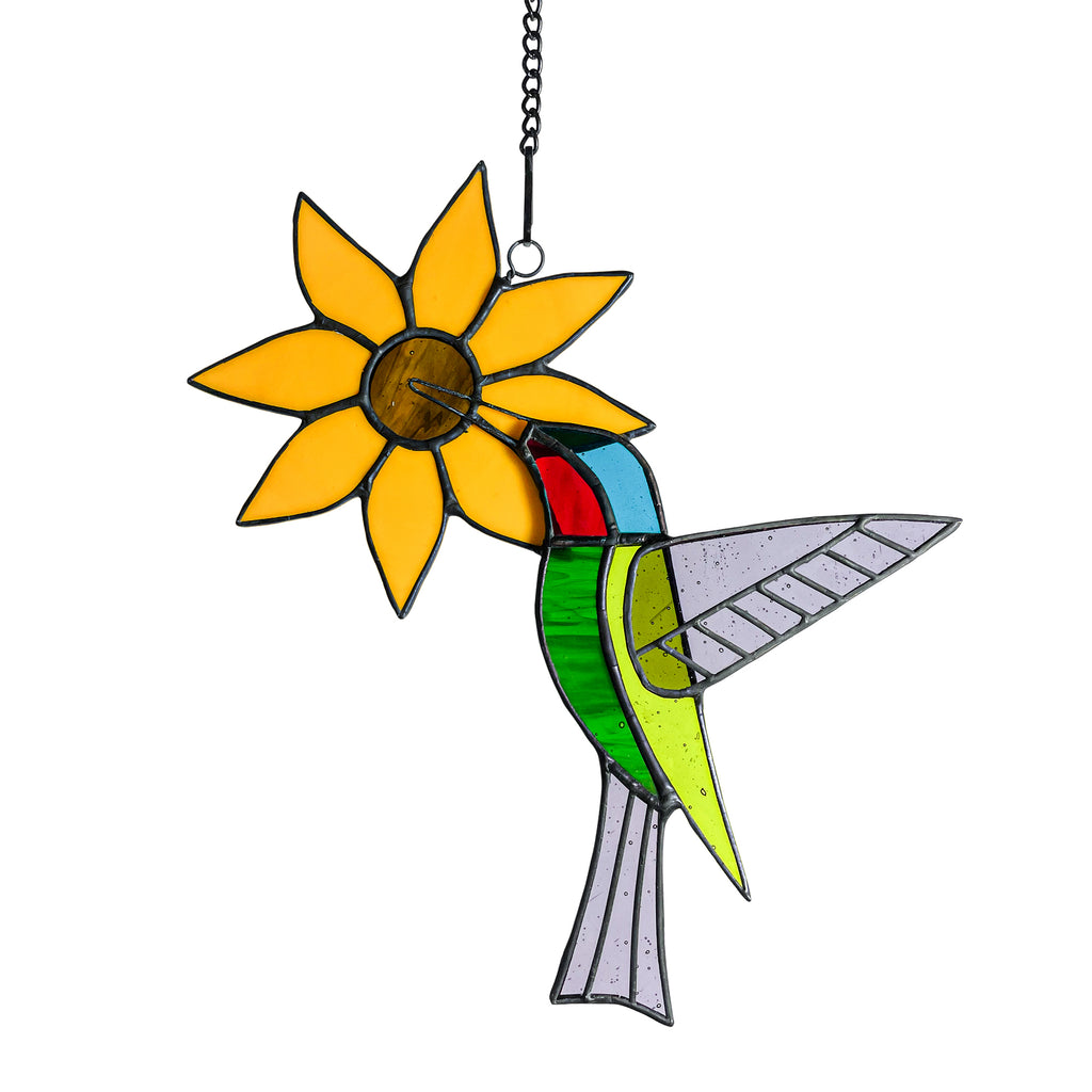 Sunflower Hummingbird Stained Glass Suncatcher - Decor for Window, Wall, Garden