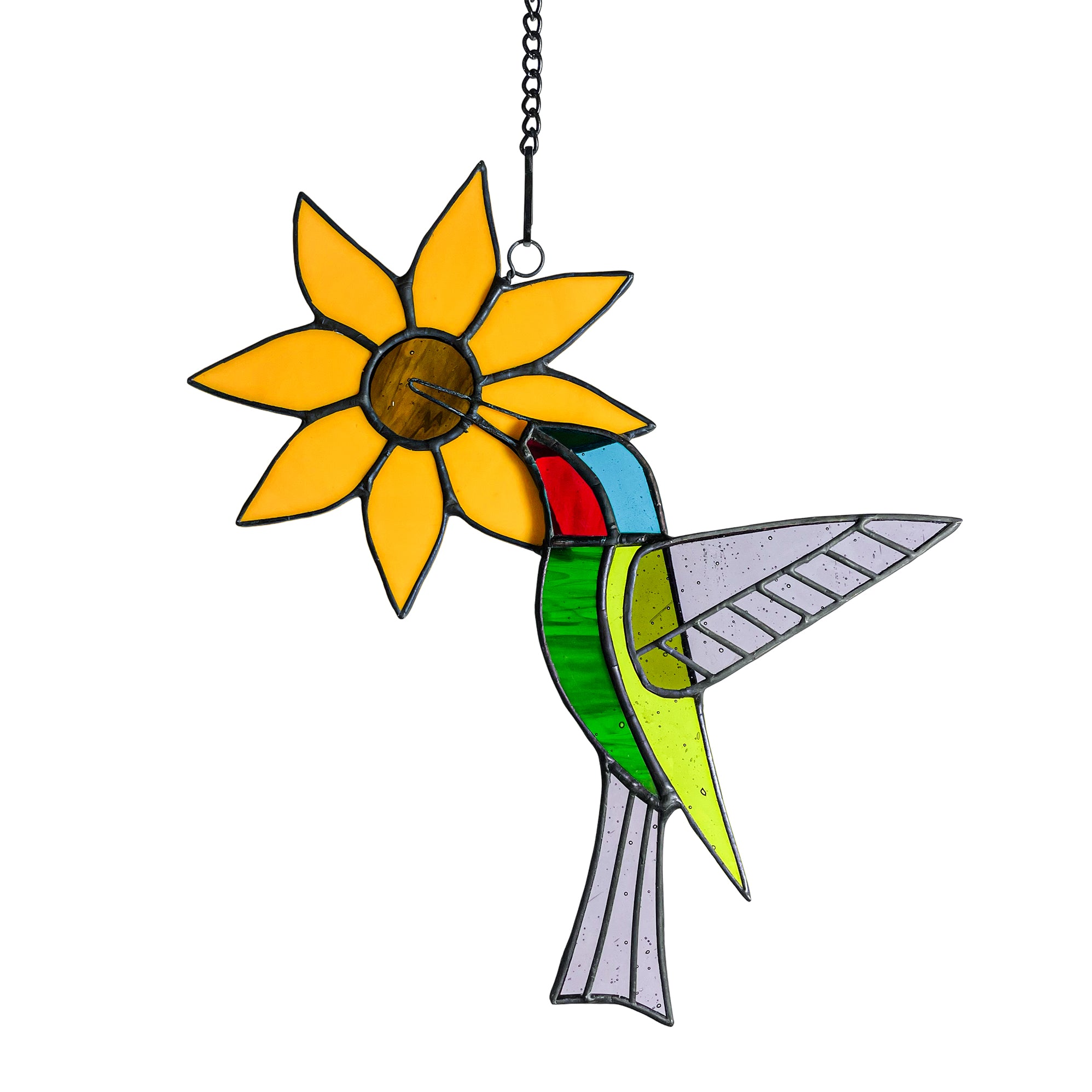Sunflower Hummingbird Stained Glass Suncatcher - Decor for Window, Wall, Garden