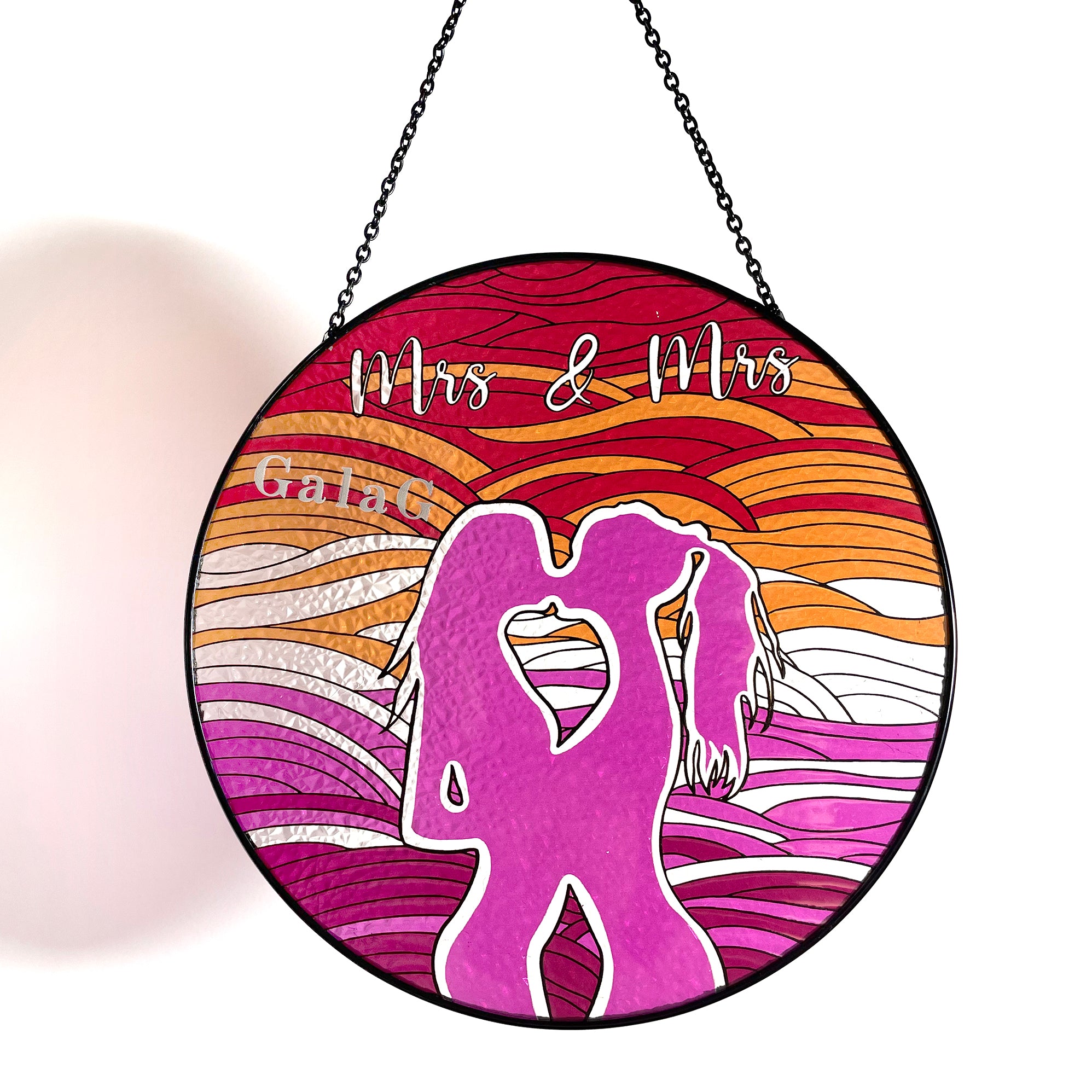 Mrs and Mrs stained glass window hanging