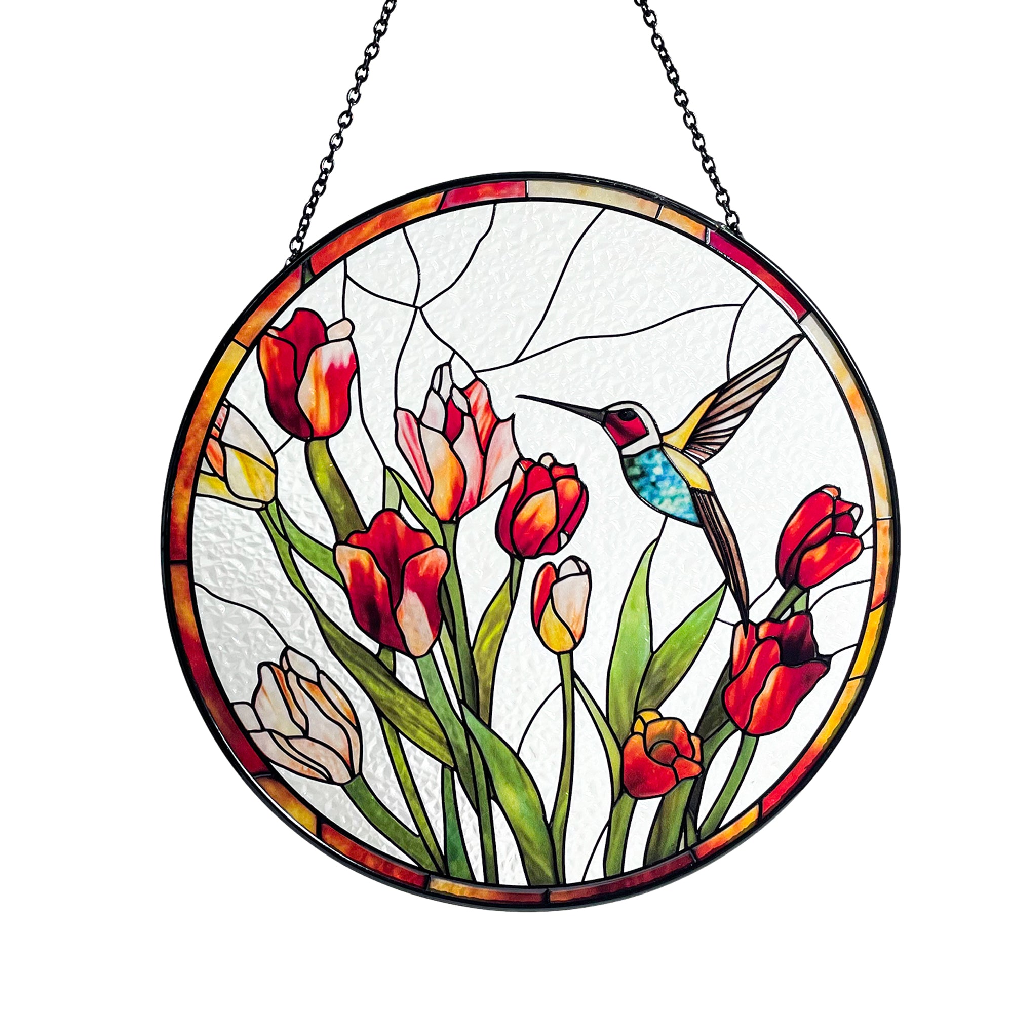 Hummingbird and Tulips Stained Glass Suncatcher/Window Hanging