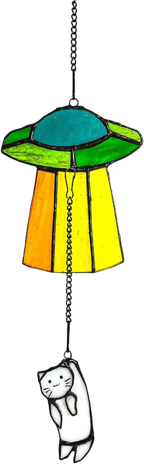 Cat Sun catcher Suncatchers 11.42inches Space Travelling with UFO Orange Cat Stained Glass Window Hanging Alien Decor Gift Memorial Wall Decor For Room