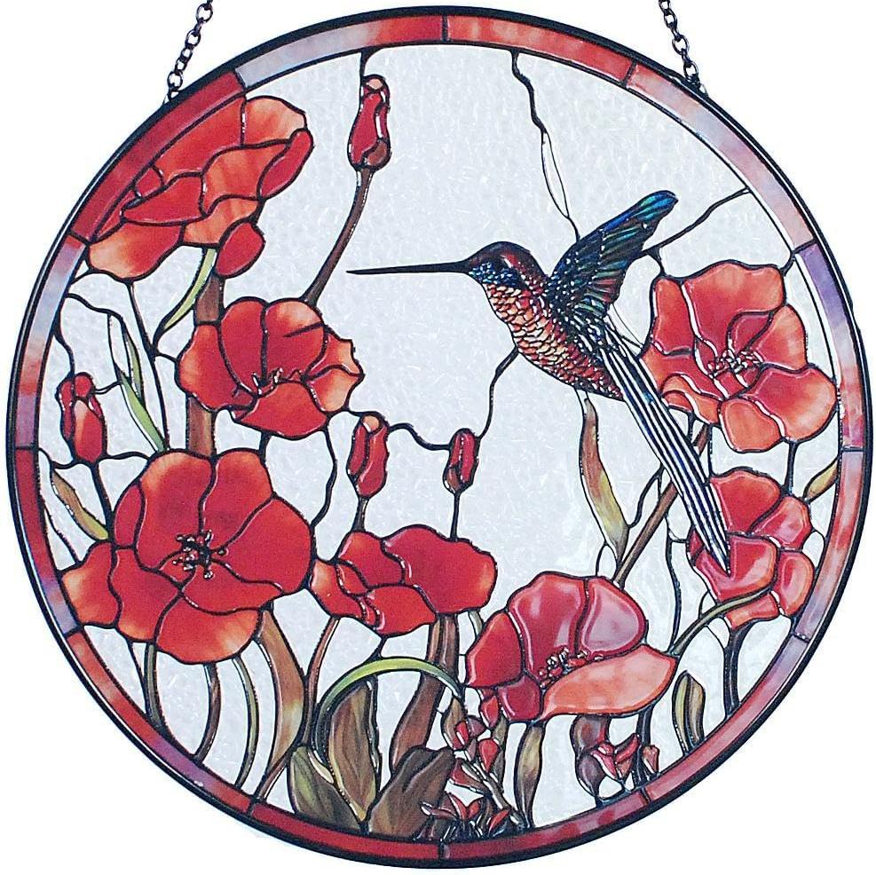 Hummingbird Suncatcher Stained Glass Suncatchers - Originally Designed 7.8'' Hummingbird Red Poppies Ornament for Sun Catcher Indoor Window | Gifts for Hummingbird Lovers Painted Glass Panel Decor
