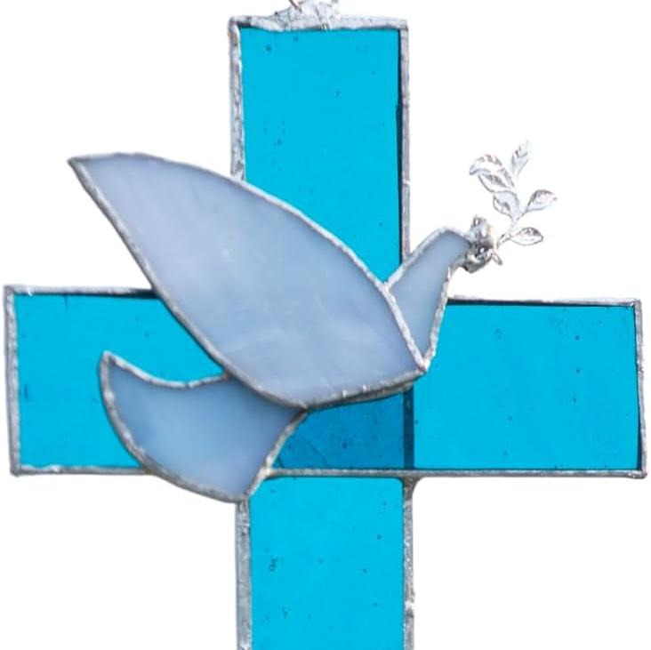 Pigeon Suncatcher Stained Glass Suncatchers - Stained Glass Window Hanging Sun Catchers Indoor Window Stained Glass | Cross and Pigeon Dove Bird of Peace for Peace Lovers Grandma Mother