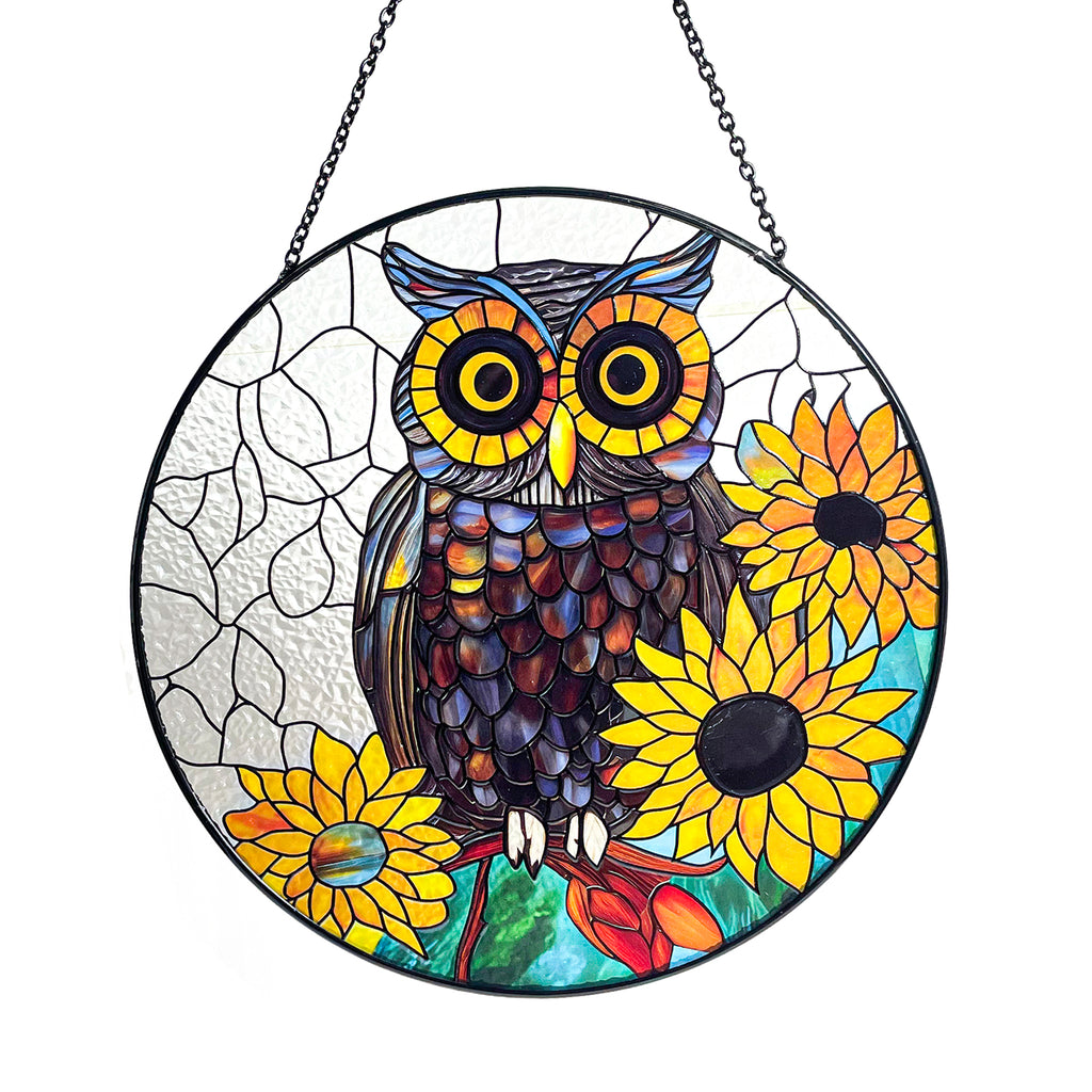 Owl & Sunflowers Stained Glass Suncatcher