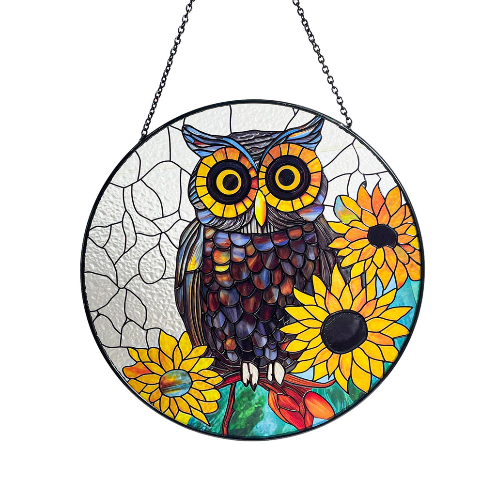 Owl & Sunflowers Stained Glass Suncatcher