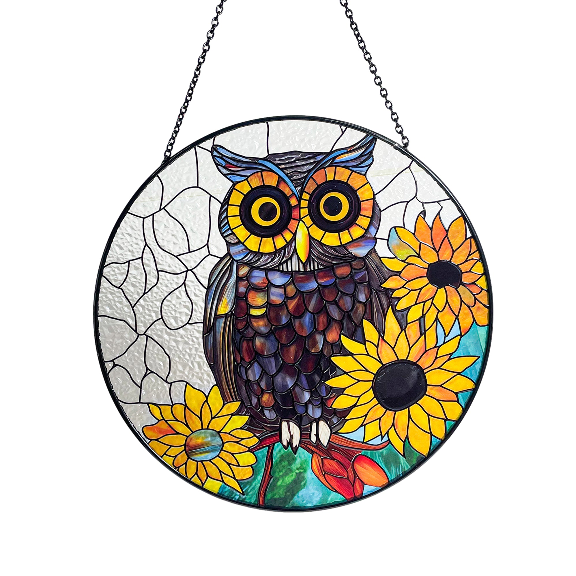 Owl & Sunflowers Stained Glass Suncatcher