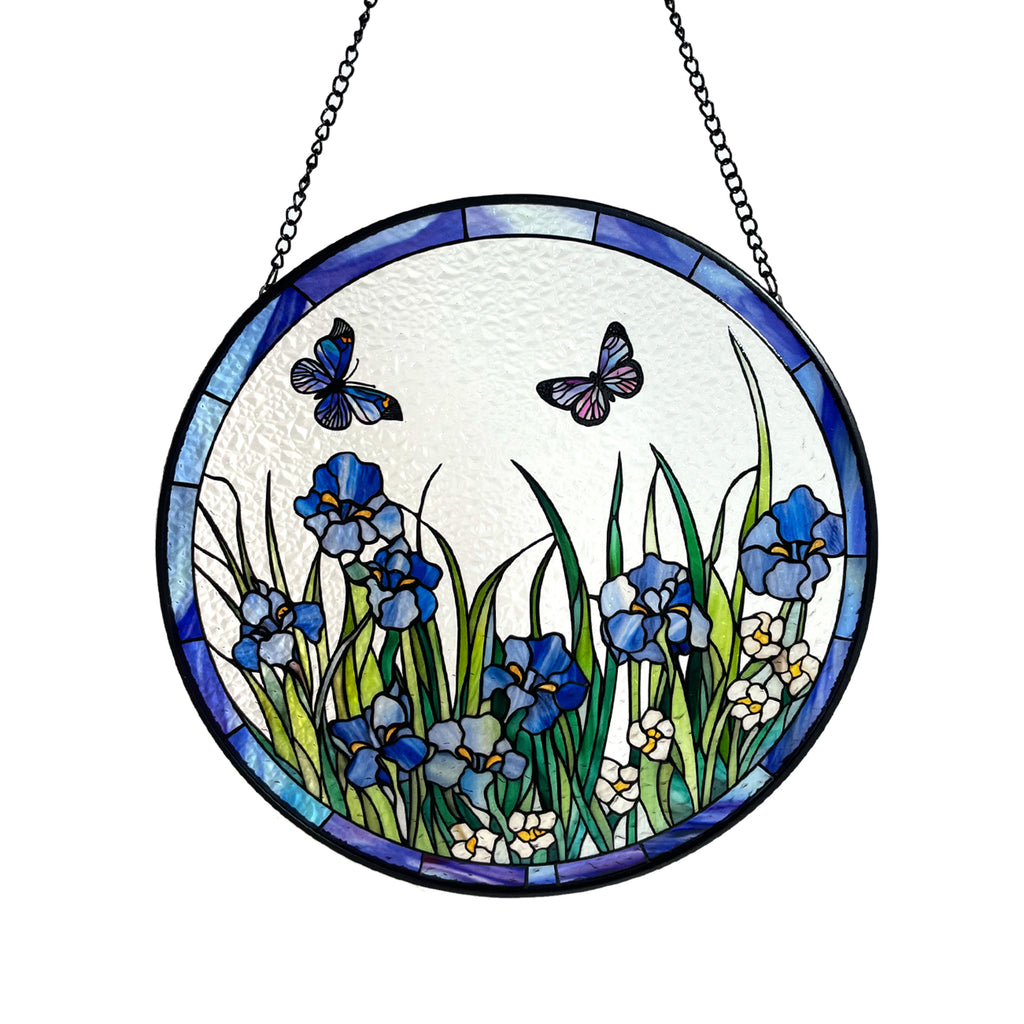 Blue Irises and Butterflies Stained Glass Suncatcher, Iris Flowers, Butterfly, Gifts, Window Hanging, Indoor Decor, Sun Catcher
