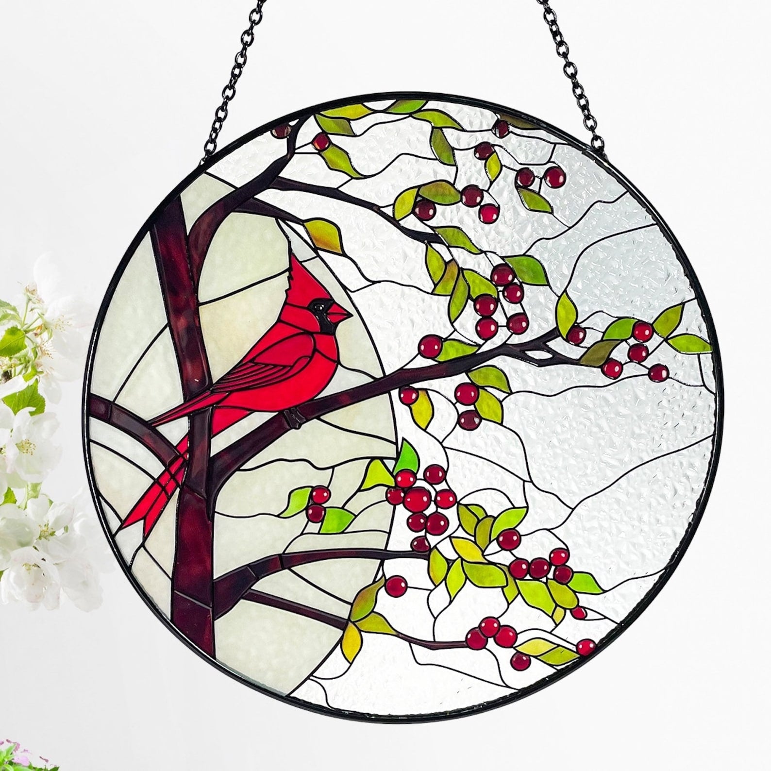 Cardinal in Full Moon Stained Glass Suncatcher, Red Berry Tree, Nature, Indoor Decor, Window Hanging, Wall Art, Gifts for Women, Sun Catcher