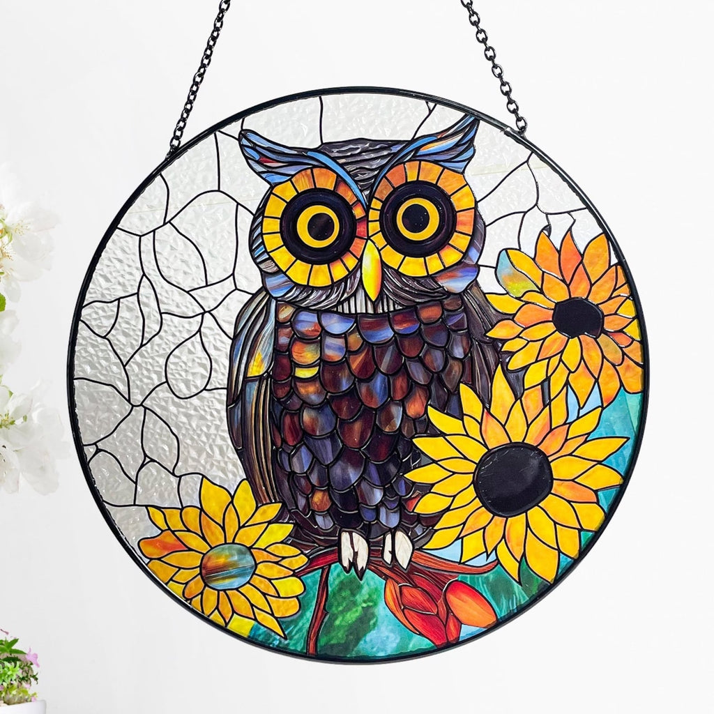 Owl & Sunflowers Stained Glass Suncatcher