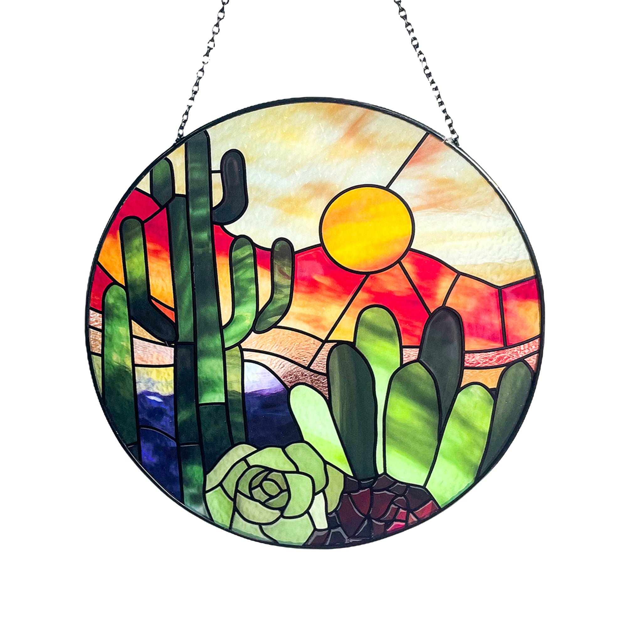 Cactus Succlent Plants and Desert Sunset Stained Glass Suncatcher/Window Hanging