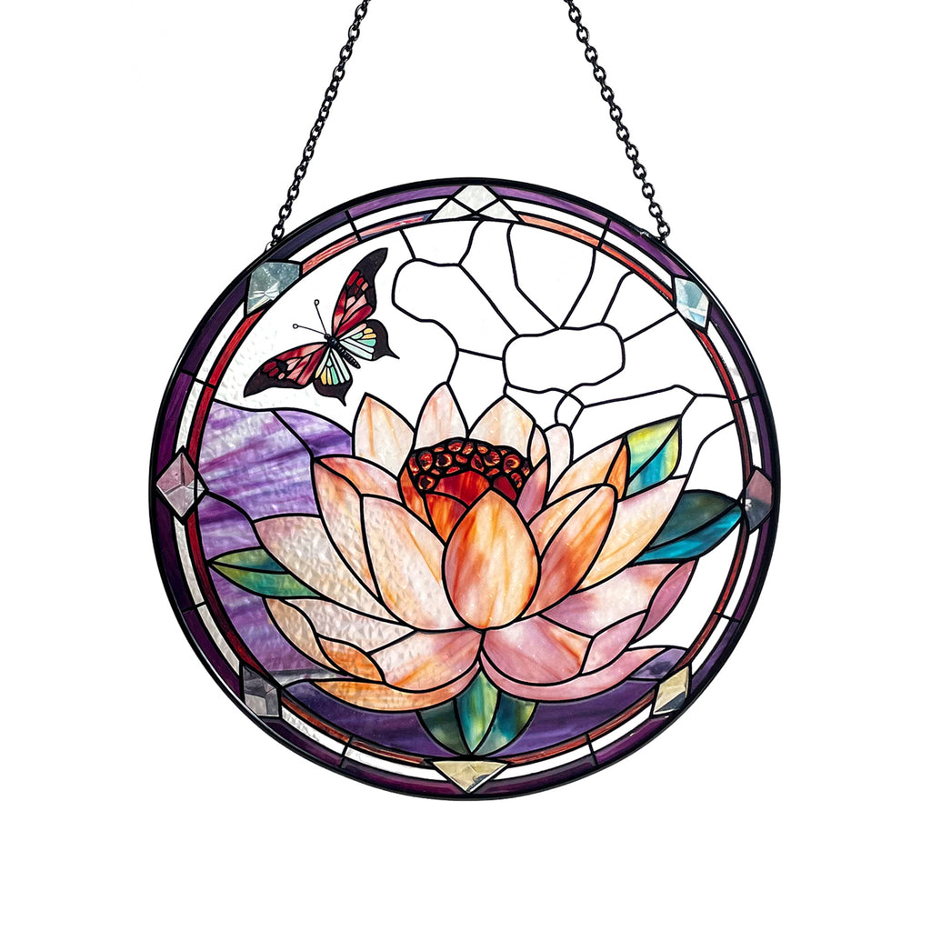 Lotus and Monarch Butterfly Stained Glass Suncatcher/Window Hanging