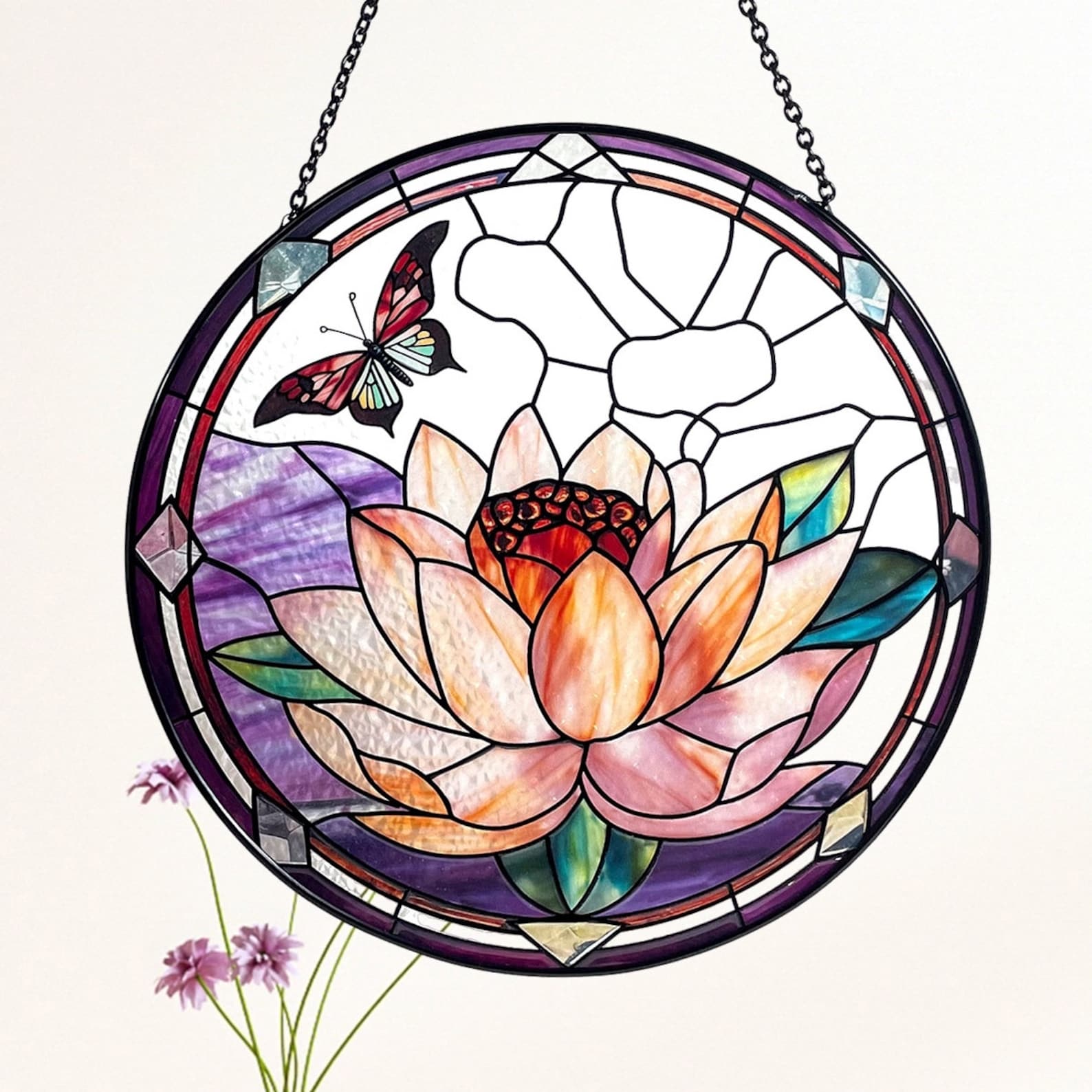 Lotus and Monarch Butterfly Stained Glass Suncatcher/Window Hanging