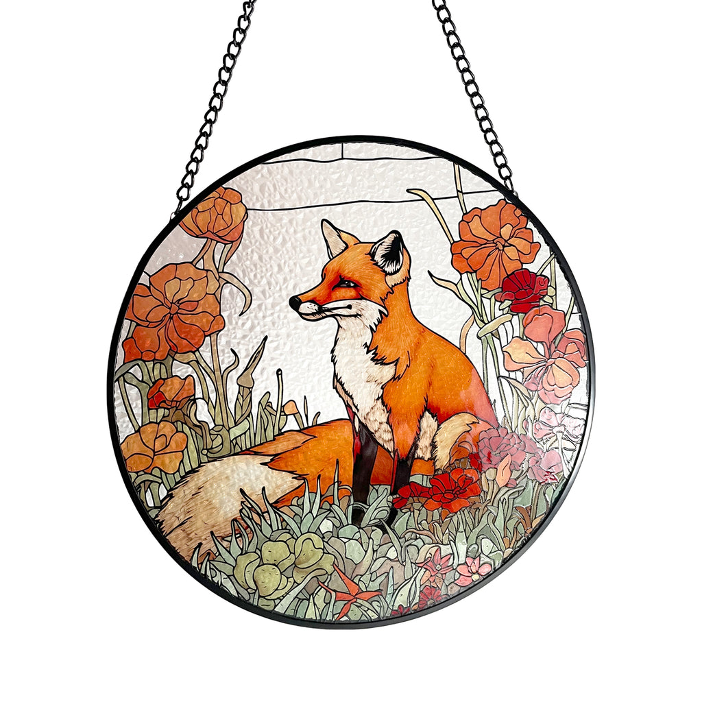 Fox Among California Poppies Stained Glass Suncatcher, Gifts, Wall Art, Window Hanging, Indoor Decor, Sun Catcher