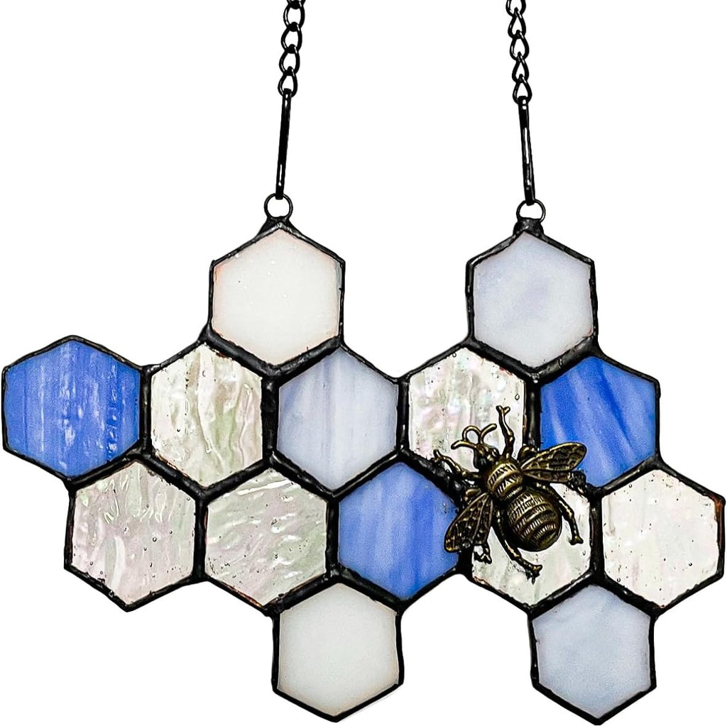Blue Honeycomb Beehive Stained Glass SunCatcher - Gift for Bee Lovers