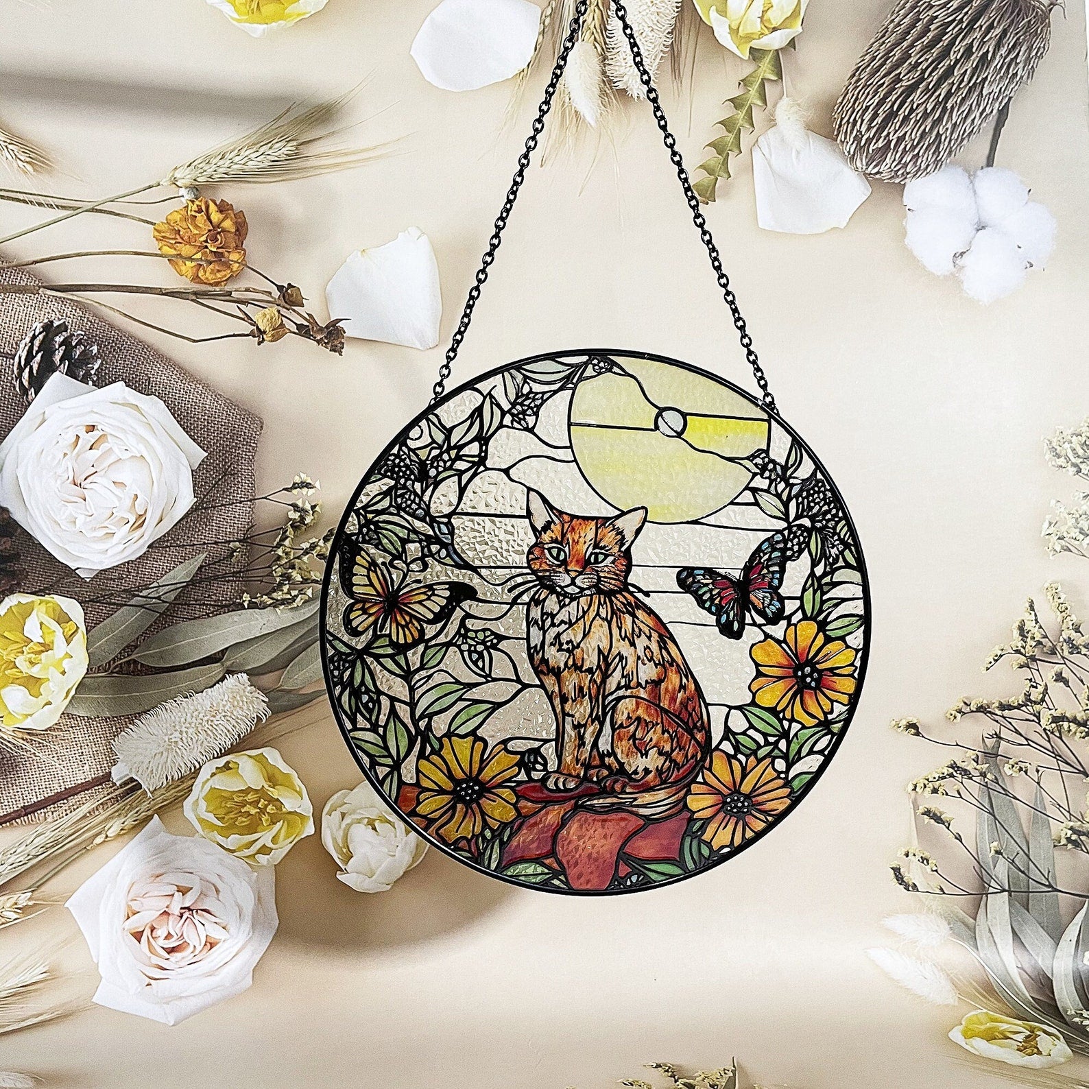 Orange Cat & Butterfly Stained Glass Suncatcher - Cat Lover's Gift