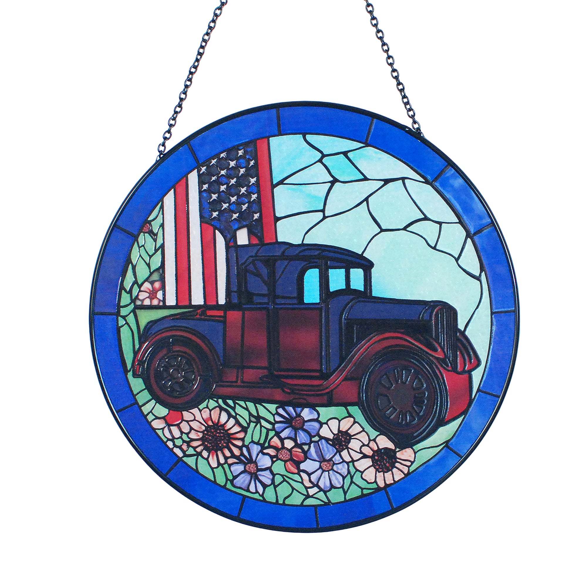US Flag Classic Car Stained Glass Suncatcher - Window Hanging Gift
