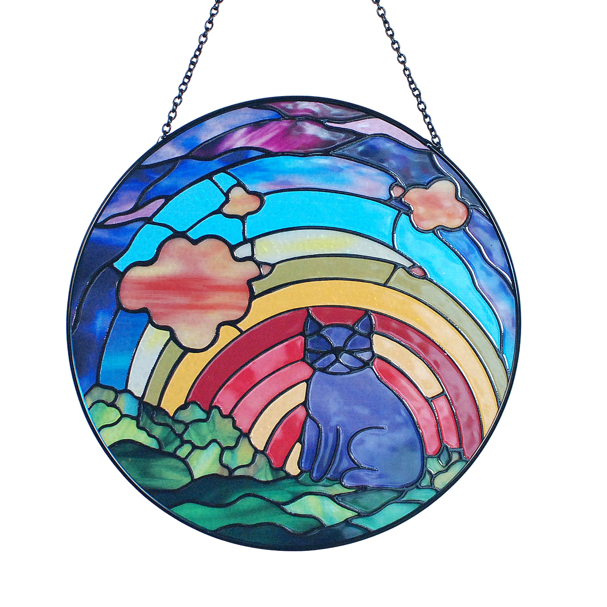 Rainbow Blue Cat Stained Glass Suncatcher - Artful Window Decor