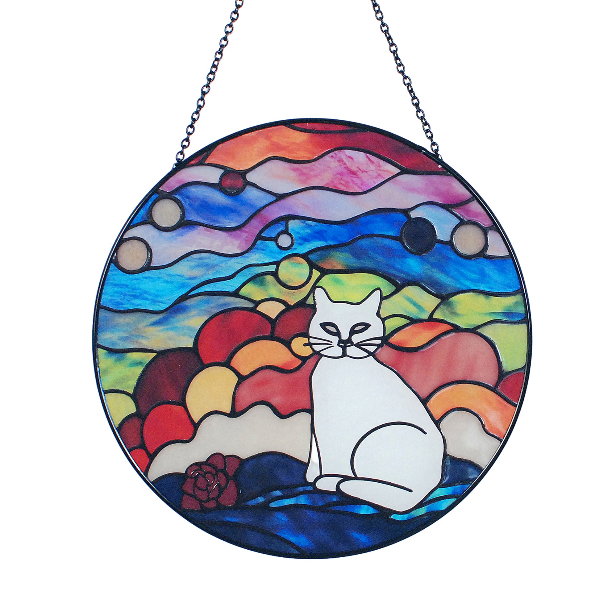 White Cat Stained Glass Suncatcher - Window Hanging Decor & Gift for Cat Lovers