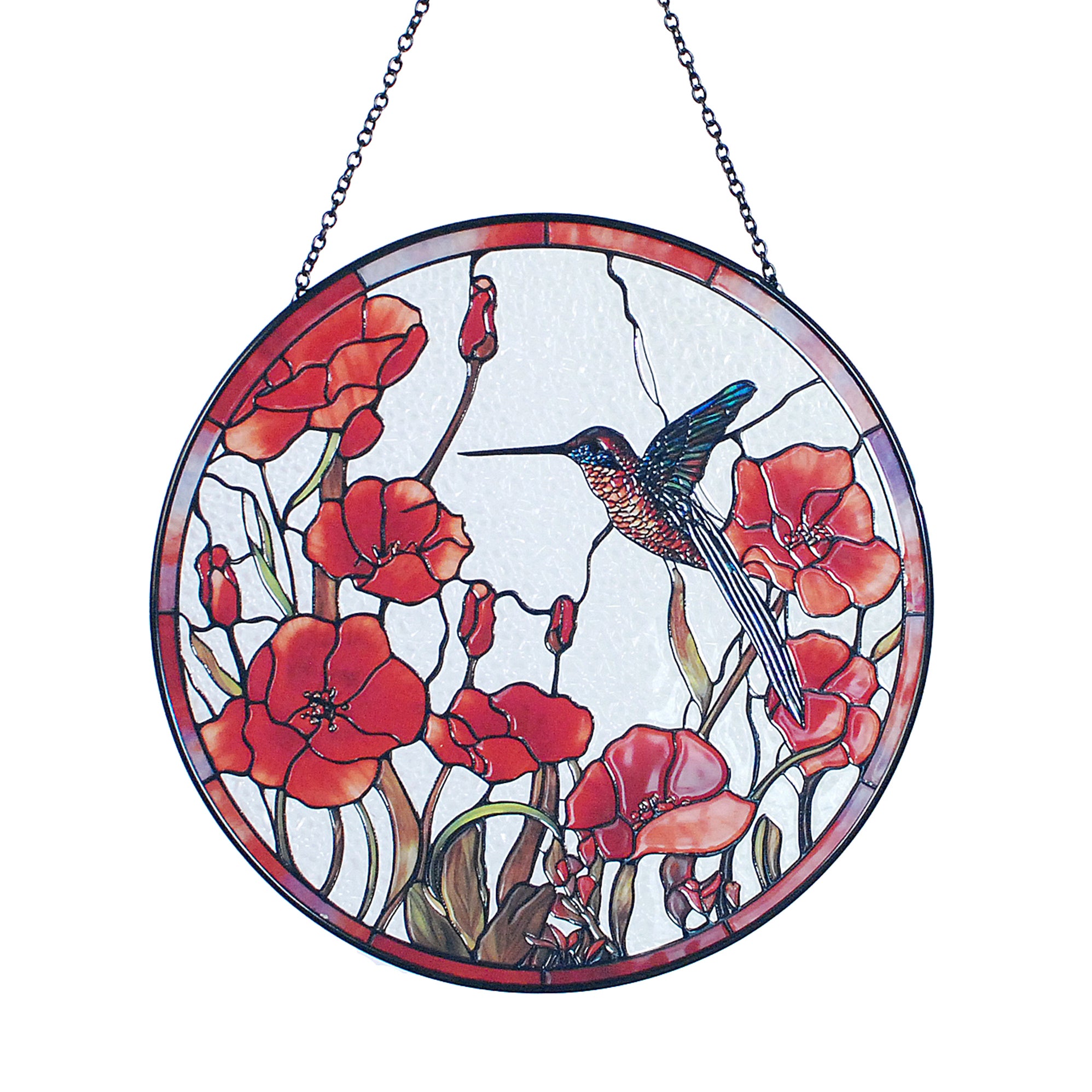 Hummingbird Suncatcher Stained Glass Suncatchers - Originally Designed 7.8'' Hummingbird Red Poppies Ornament for Sun Catcher Indoor Window | Gifts for Hummingbird Lovers Painted Glass Panel Decor