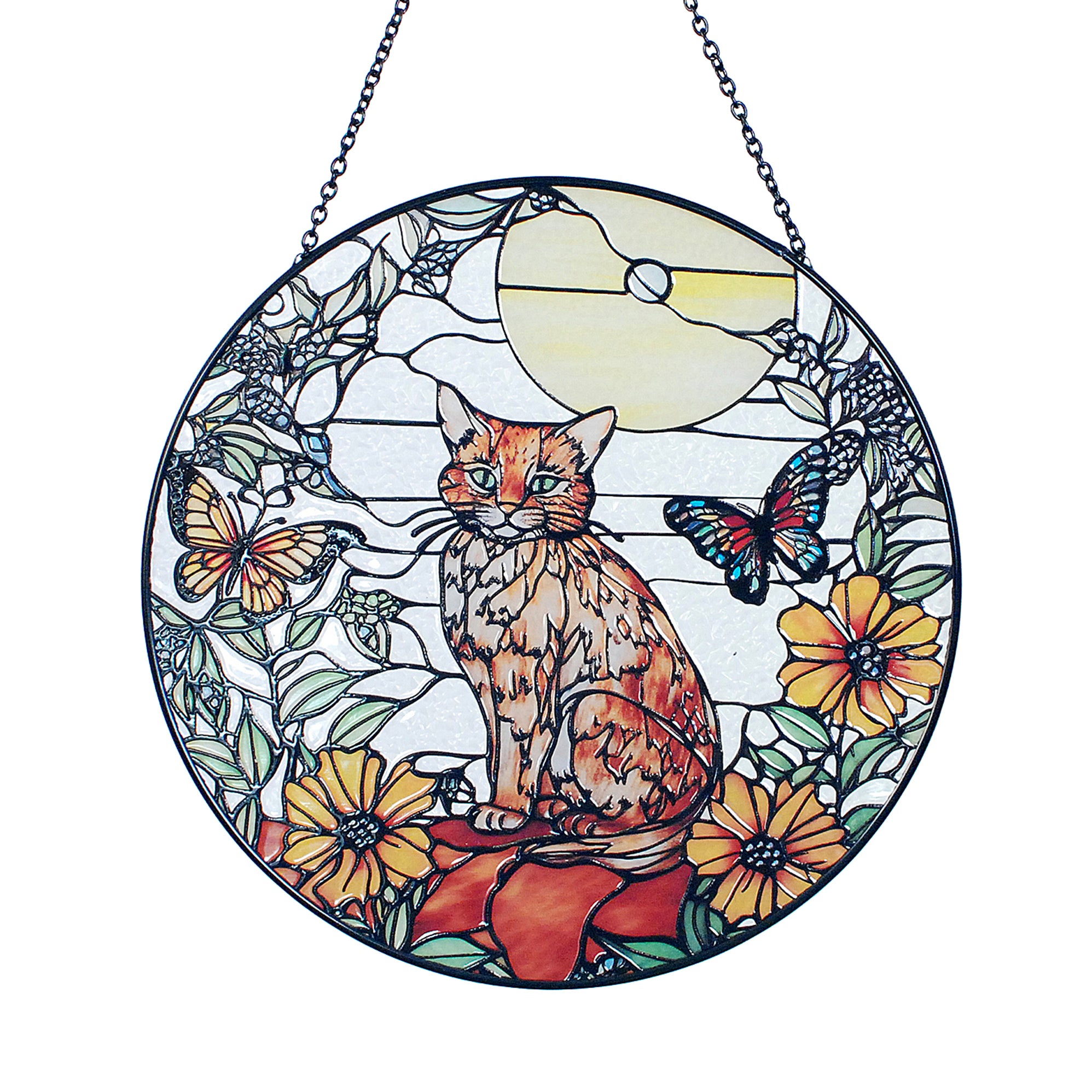 Orange Cat & Butterfly Stained Glass Suncatcher - Cat Lover's Gift