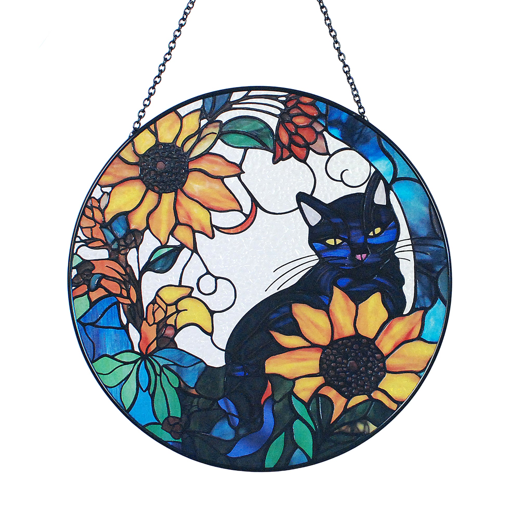 Sunflower Black Cat Stained Glass Suncatcher - Window Hanging Gift