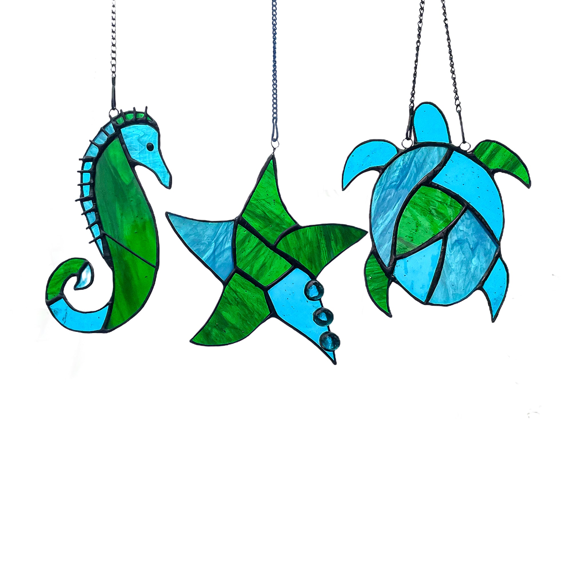Marine Ocean Sea Life Sun Catcher Window Hanging - 3Pcs Stained Glass Decorations for Window Garden | Sea Animals Suncatchers with Seahorses Starfish Turtles Ornaments Wall Art Decor Artwork Handmade