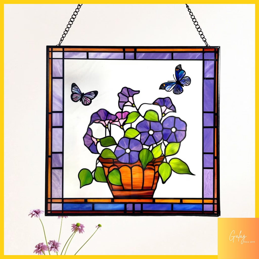 Morning Glory & Butterflies Stained Glass Suncatcher