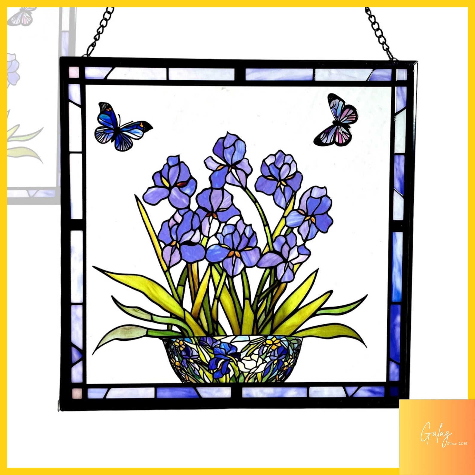 Blue Iris Blue Flag Flower and Butterfly Stained Glass Panel Suncatcher Square Window Hanging