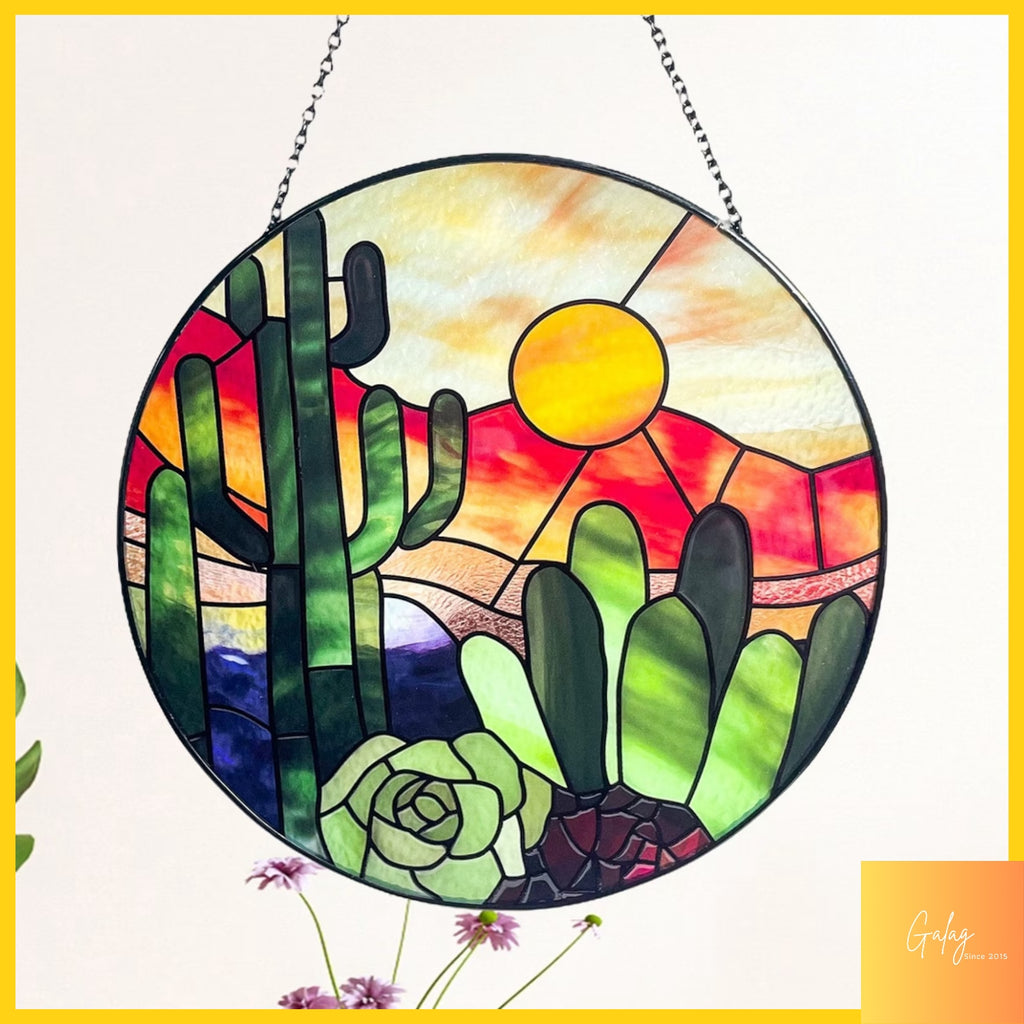 Cactus Succlent Plants and Desert Sunset Stained Glass Suncatcher/Window Hanging