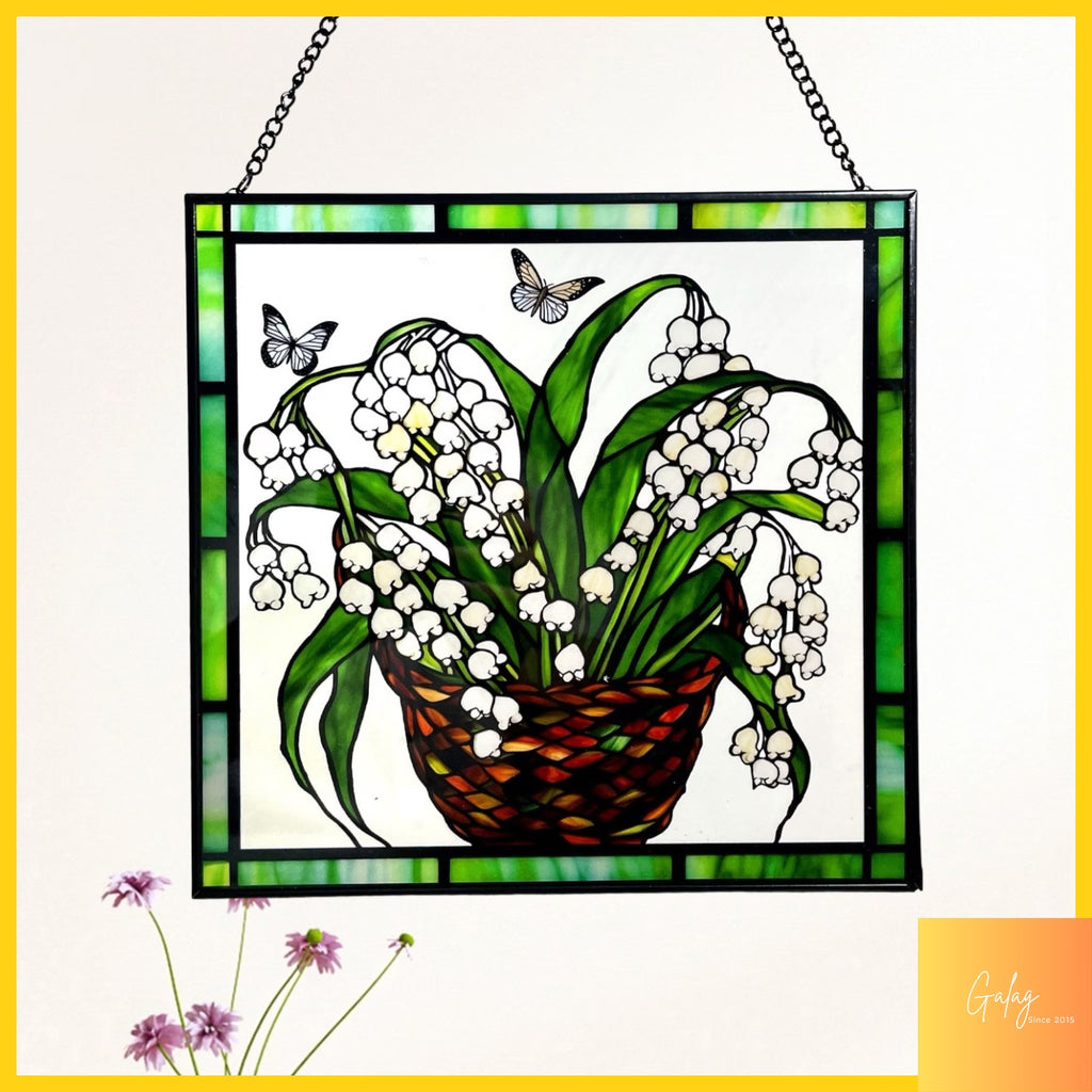 Lily of the Valley and Butterflies Stained Glass Panel Suncatcher Square Window Hanging