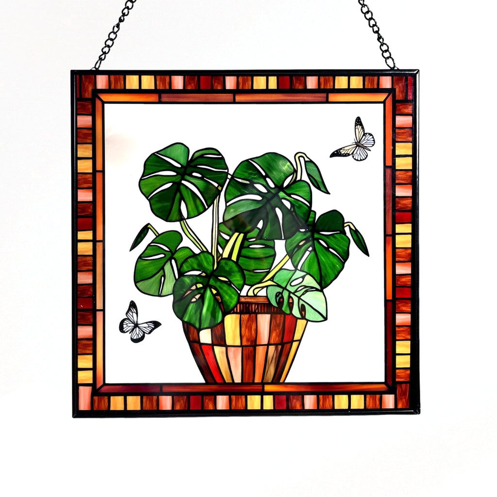 Monstera and Butterflies Stained Glass Panel Suncatcher Square Window Hanging