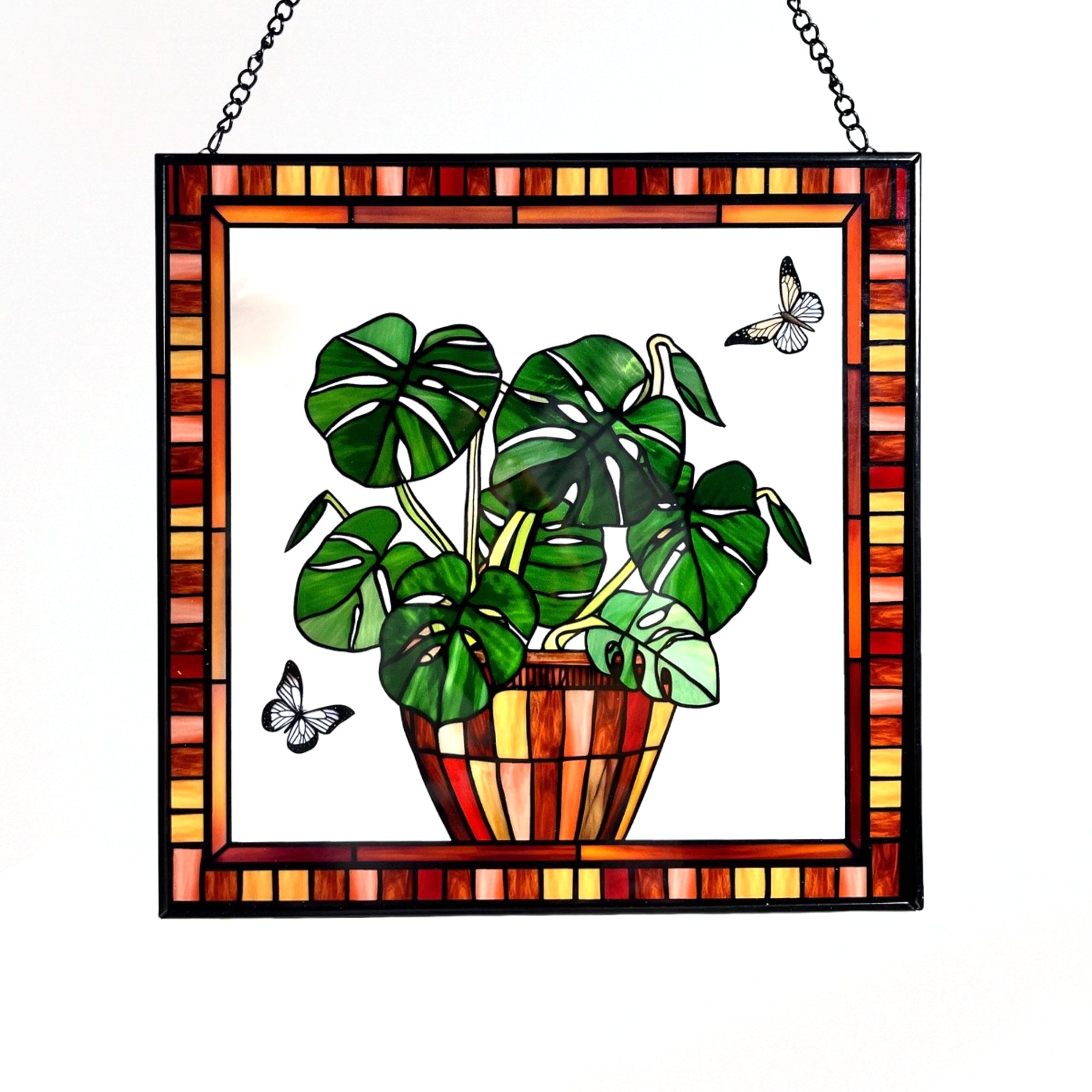 Monstera and Butterflies Stained Glass Panel Suncatcher Square Window Hanging