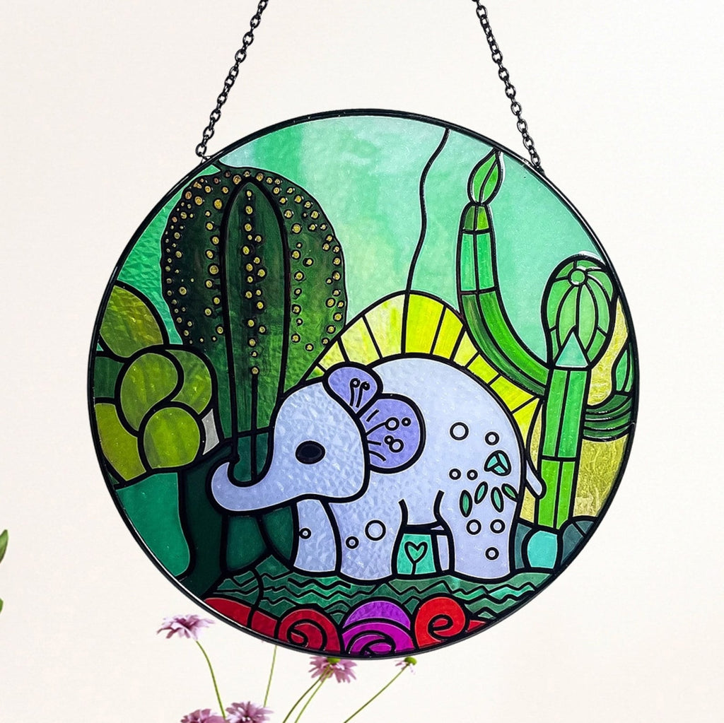 Elephant and Cactus Stained Glass Suncatcher/Window Hanging